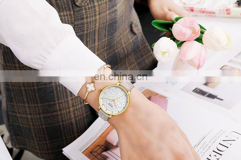 CURREN 9046 Women Simple Flower Pattern Elegant Watches Ultra Thin Dial Quartz Leather Fashion Wristwatch
