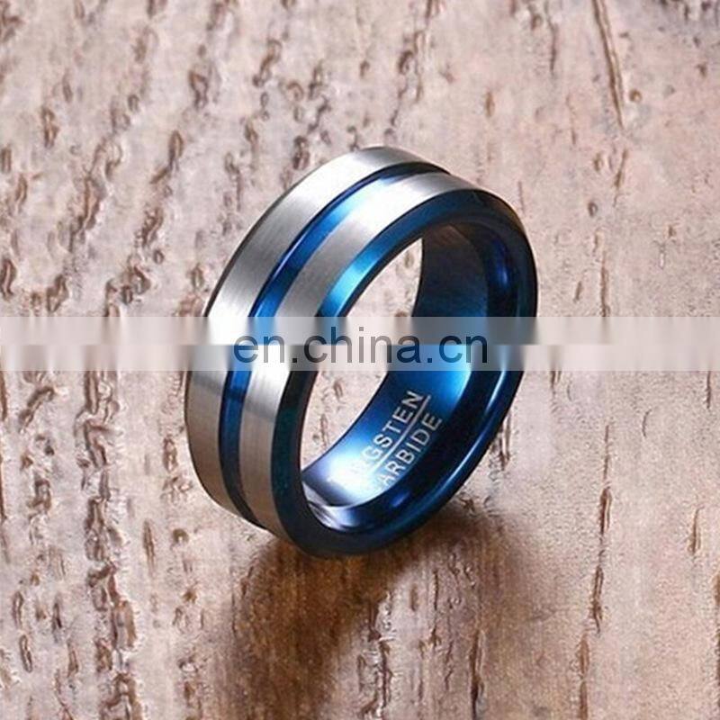 Men's fashion 8MM Silver Brushed Ladder Edge Stainless Steel Ring Blue Groove Matte Men Wedding Ring