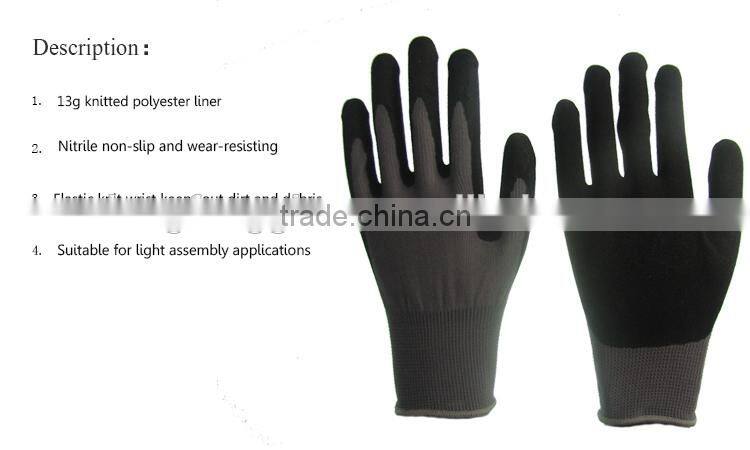 Best-selling Sandy Nitrile Polyester Work Gloves / Safety Products