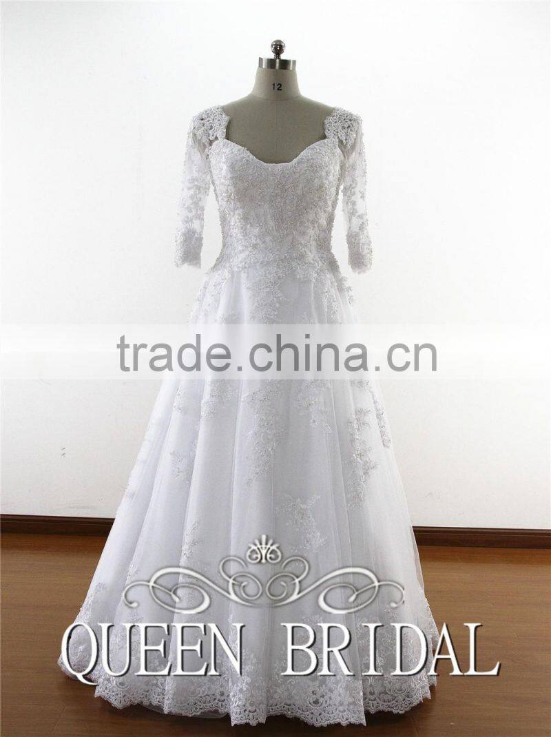 Dubai Muslim Bridal Gown 3/4 Long Sleeves Lace Wedding Dress Patterns 2016