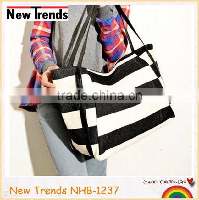 Blue and black stripes canvas handbag with PU shoulder