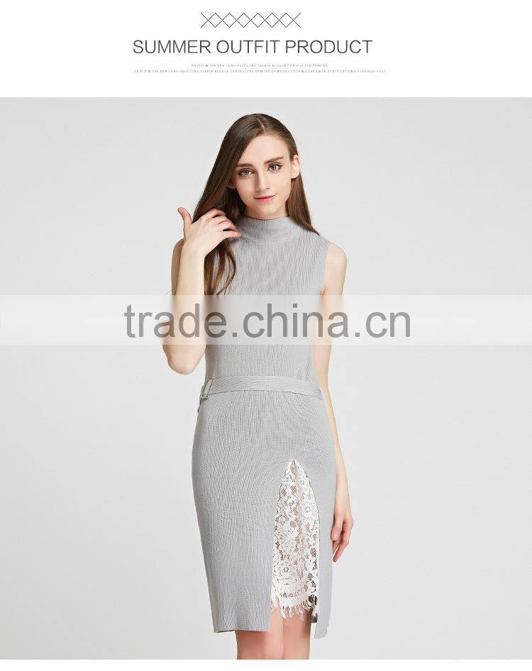 Fashion Lady Sleeveless Knitting Dress 2016 Summer Woman Thin Long Sweater Pullover Femme Robe De Tricot Lace Patchwork