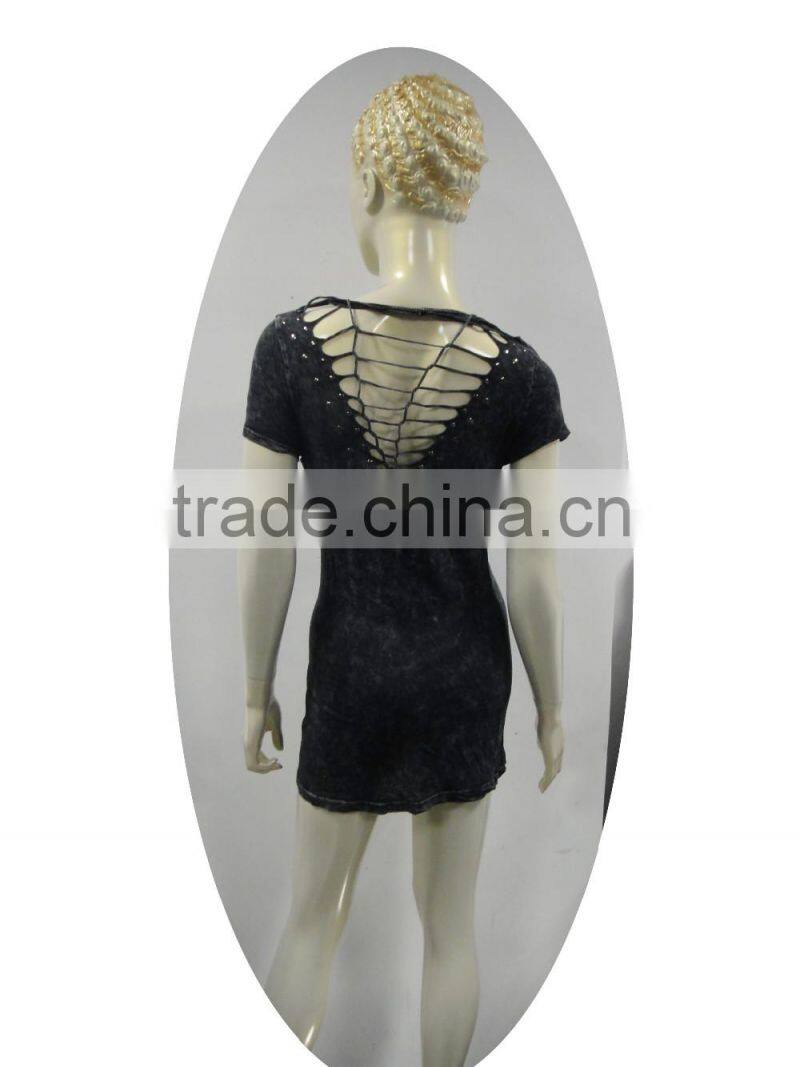 back pieced stone washed long T-shirt