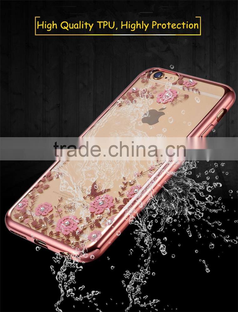 Hot Selling Luxury Garden Style Crystal Clear Soft TPU Diamante Eletroplated Case for Iphone 6