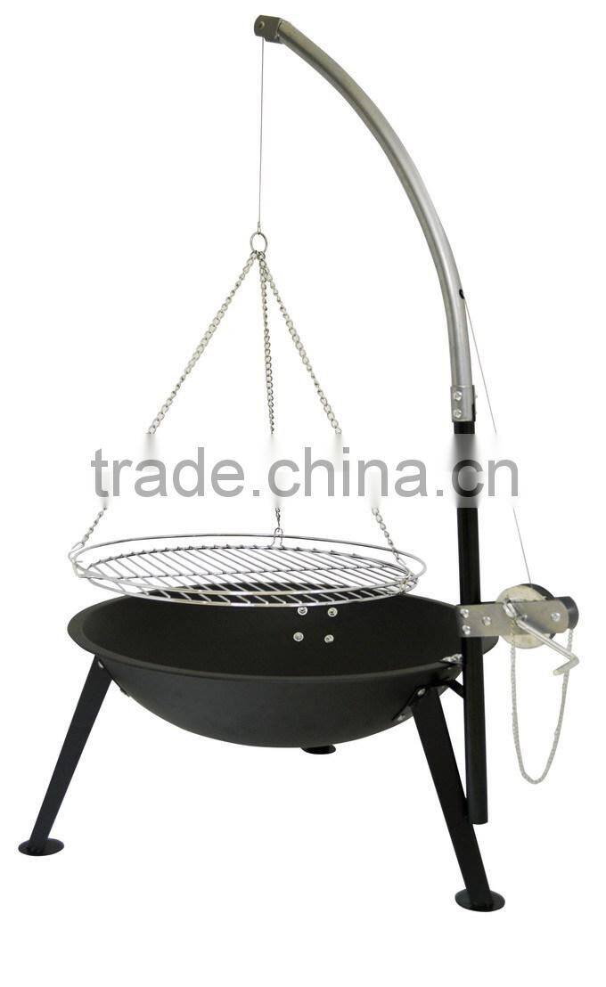 sling chain BBQ grill with adjustable cooking height, pulley tripod grill