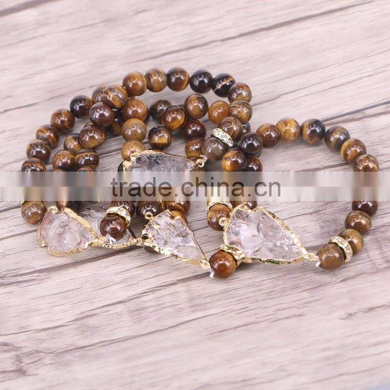 Natural Tiger Eye Beaded Bracelets, Gold Plated Arrow Gem stone Connector Druzy Bracelet