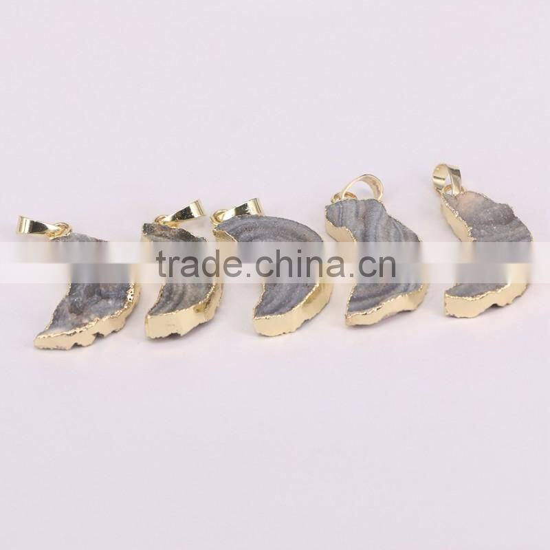 Natural Titanium AB Brazilian Galaxy Quartz Pendants, Crescent shape Gold plated Druzy Drusy Gem stone Pendant