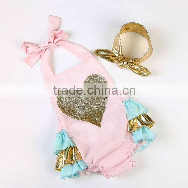 2016 Hot selling ruffle rompers set baby sparkle heart bubble romper with headhand boutique kids summer clothes jumpsuit