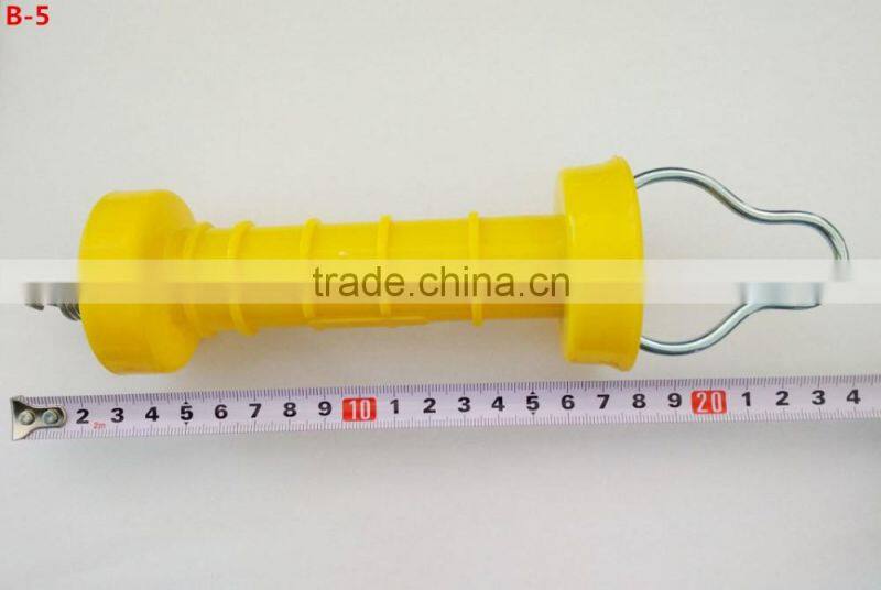 Animal fence insulator; Gate handle with tension spring