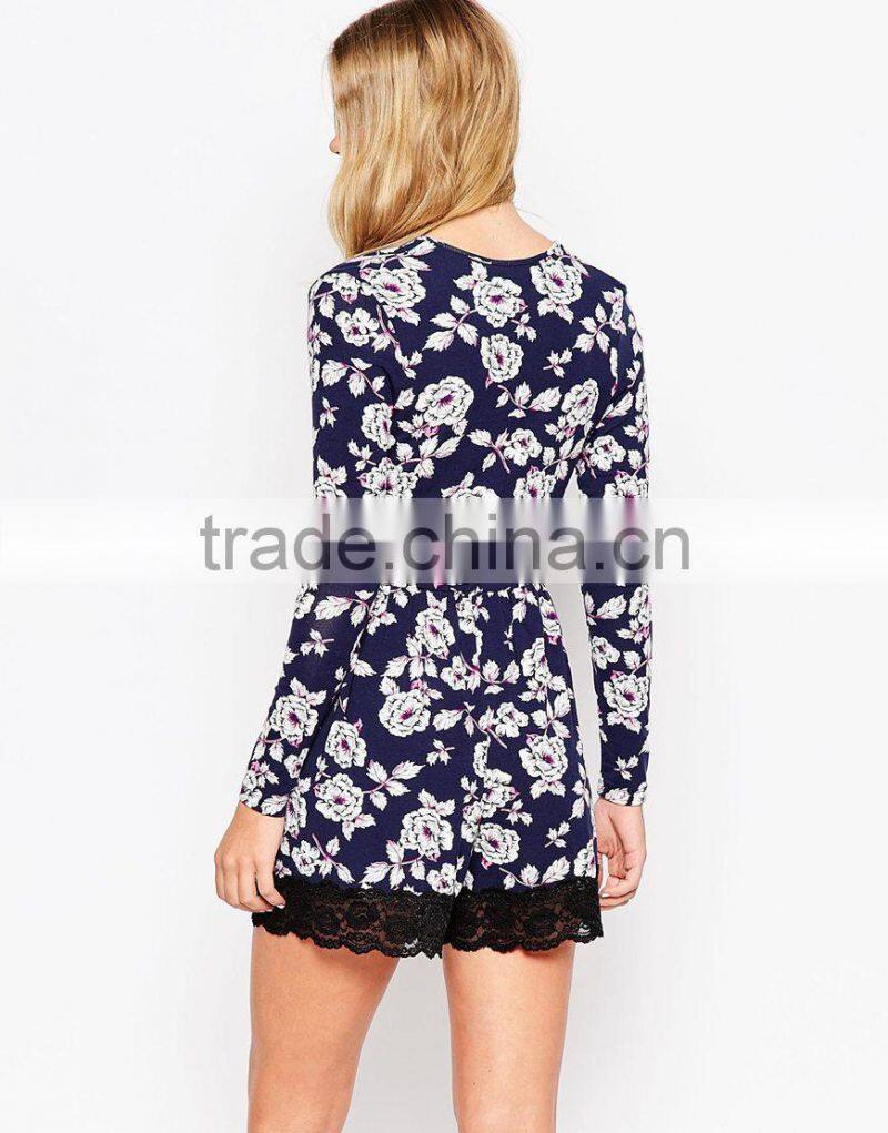 2015 fashionable hot sale OEM customized Wrap Romper with Lace Hem in New Floral Print