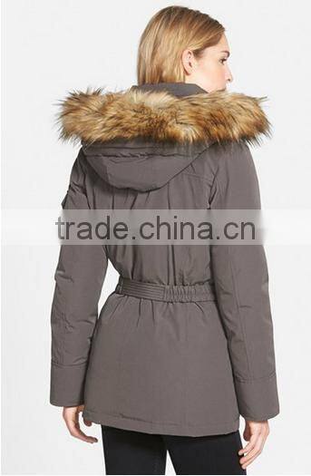 Women's Belted Quilting Padding Long Parka With Detachable Faux Fur Hood