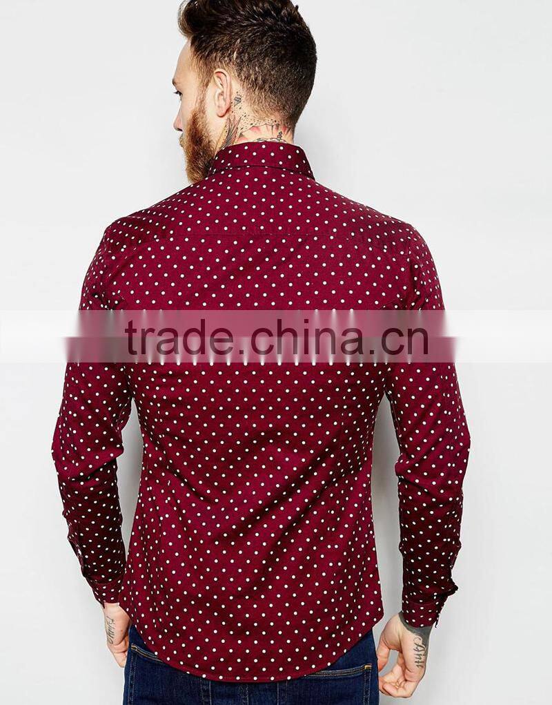 Skinny Shirt with Dot in Burgundy with Long Sleeves