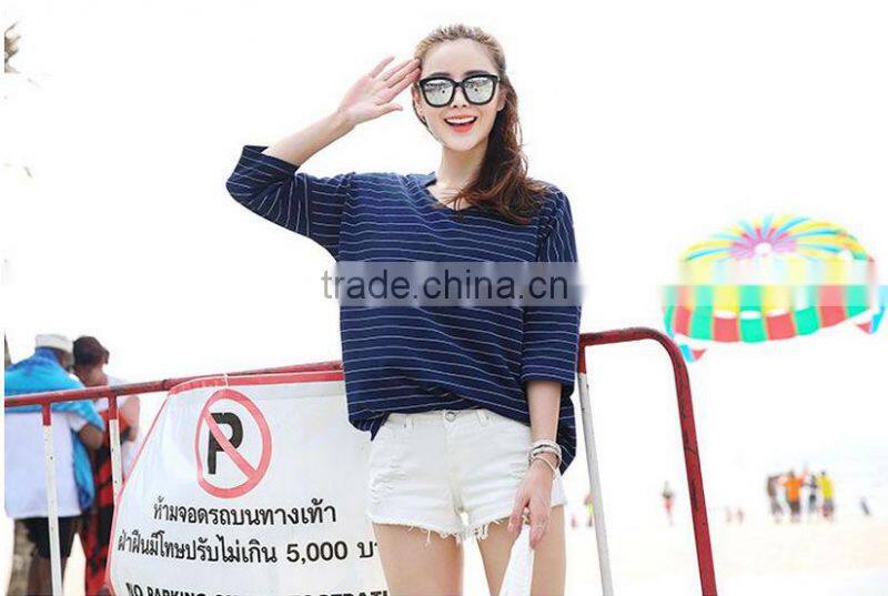 Female striped 7 minutes of sleeve T-shirt