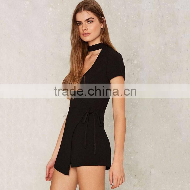 latest designs black deep-v sexy ladies jumsuit summer short sleeve jumpsuit ropmer for women