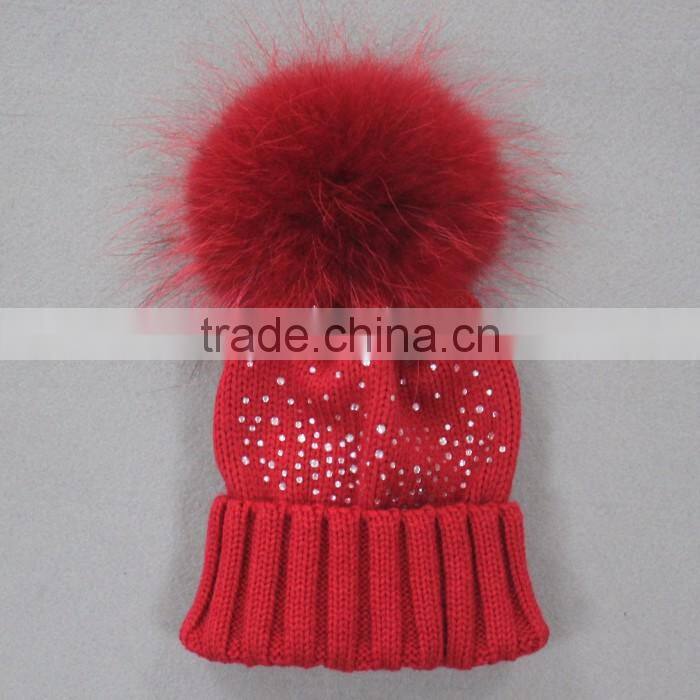 Myfur Elegant White Raccoon Fur Pom Poms Attached Wool Knitting Beanie Hat Wholesale