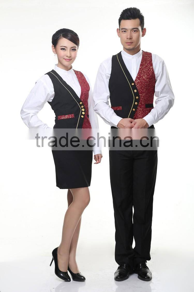 Juqian custom 5 start summer restaurant manager hotel waiter receptionist uniform designs with embroidery vest