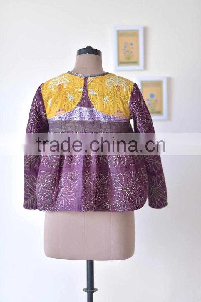 Vintage Kantha Kediyu Style Jacket in Beautiful Vintage Colors ~ Small