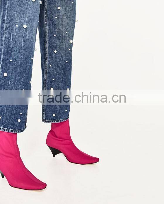 2016 pearl decoration highwaist jeans woman new model jeans pants