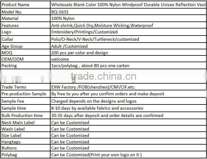 Wholesale Blank Color 100% Nylon Windproof Durable Unisex Reflection Vest
