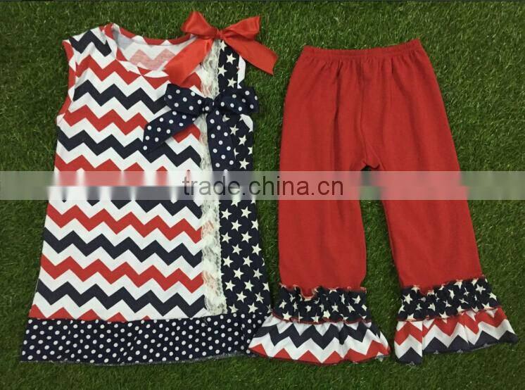 Hot sale girls boutique clothing summer 2016 4th of July girls outfits baby clothes 100% cotton top giggle moon remake outfits