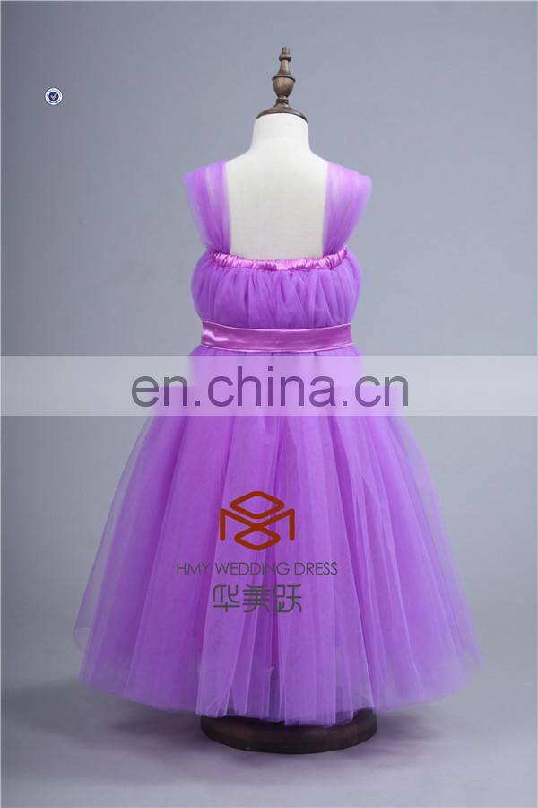 Real Pictures SHMY-F013 Purple Tulle Full Length Cap Sleeve Flower Girl Dress with Belt