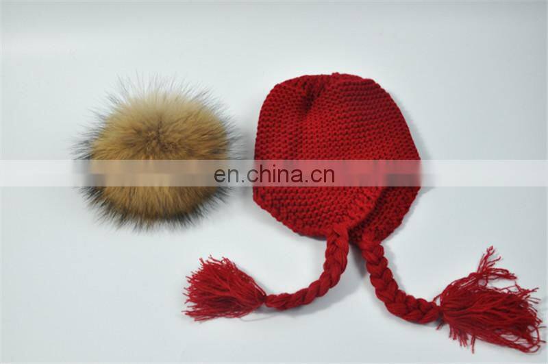 High Quality Knitted Beanies Colorful Big Raccoon Fur Pom Pom Winter Hat Beanie Kids