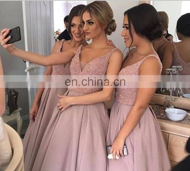 Elegant Deep V Neck Custom Made Satin Sleeveless Spaghetti Strap Backless Bridesmaid Dress