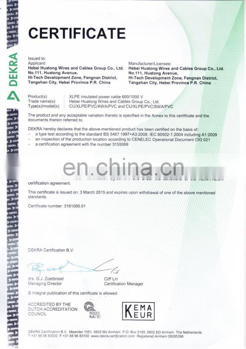 With TUV test report CE certificate 0.6/1kv cu/xlpe/swa/pvc power cable