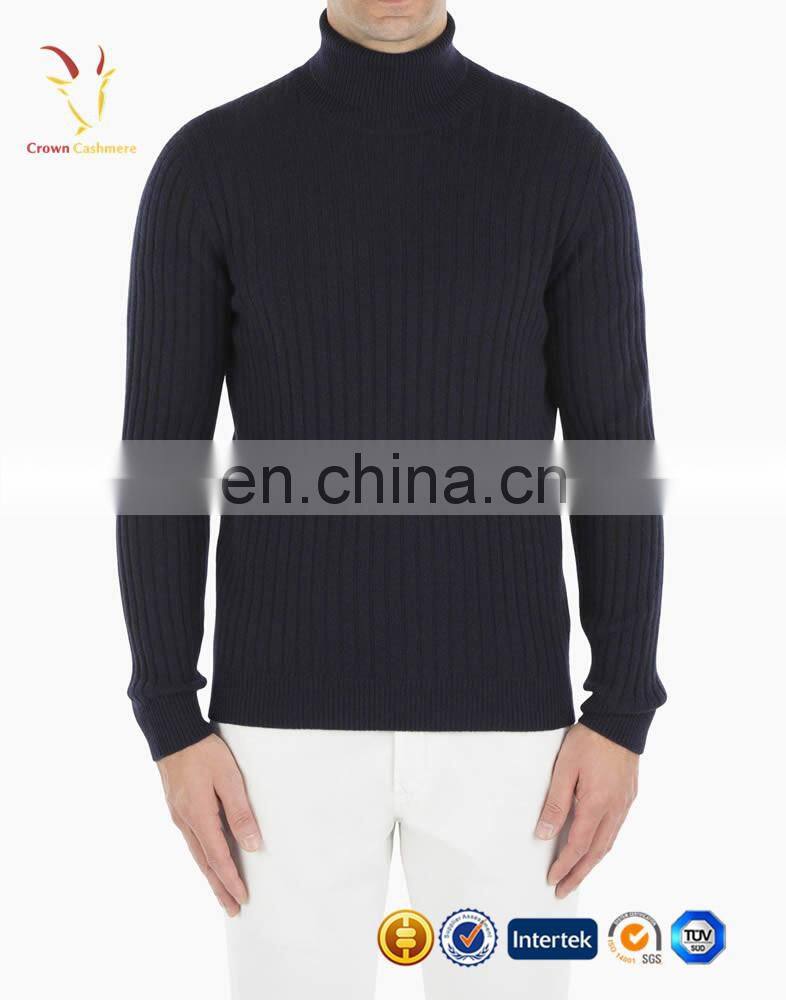 Men Black Turtleneck Rib Stitch Cashmere Sweater