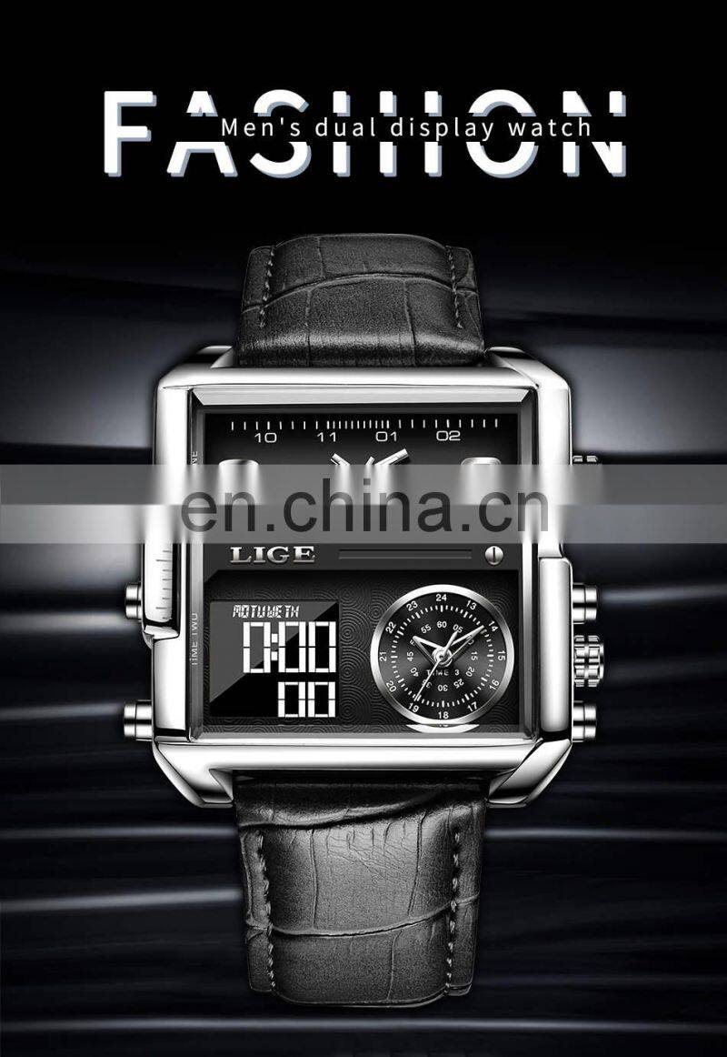LIGE 8925 Mens Watches Square Digital Sports Quartz Wrist Watch for Men Waterproof wrist watches hands