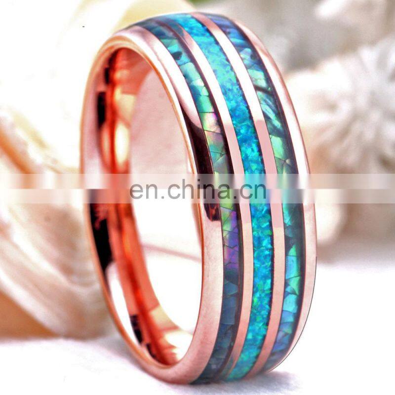 Fashion 8mm Rose Gold Tungsten Wedding Men Stainless Steel Rings Inlay Abalone Shell Blue Opal Rings Men Wedding Band Jewelry