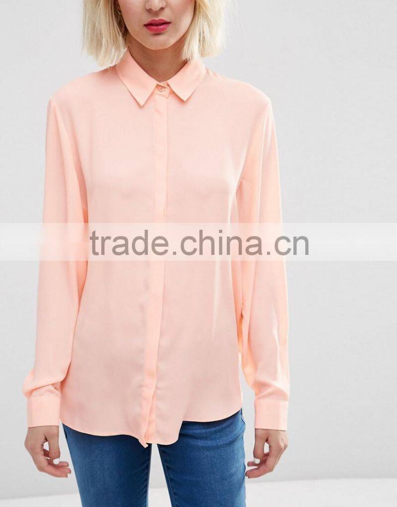 Pink colour chiffon blouse designs long sleeve lady blouse & tops for women