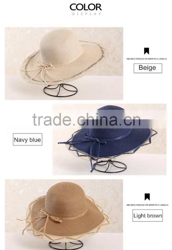 QXSH0014C Summer rope wide brim fedora Straw hat Lace beach hat