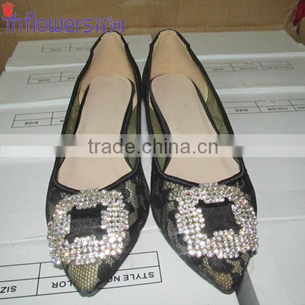 OEM ODM lace material rhinestone quality fashion Ladies Flat Shoes 2016
