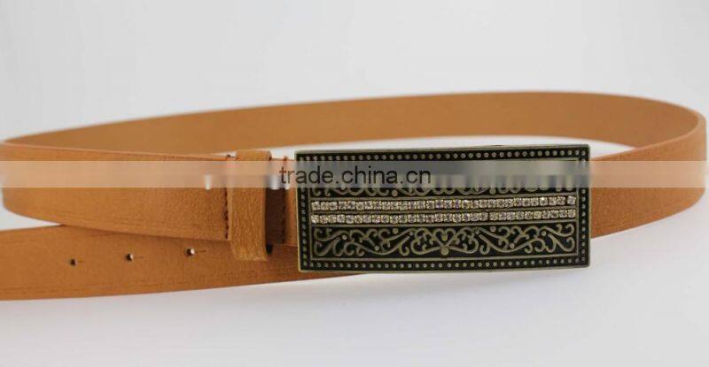 2015 Vintage Style women's fashoion brand PU belt with shiny rhinestone BIG buckle
