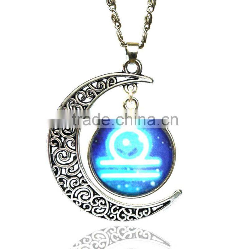 Glass Gemstone Zodiac Sign Pendant Chain Necklace Womens Jewelry