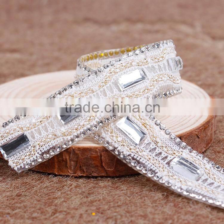 Hot Sale Lace And Rhinestone Chain With Hotfix Glue,Ribbon Base On Glue
