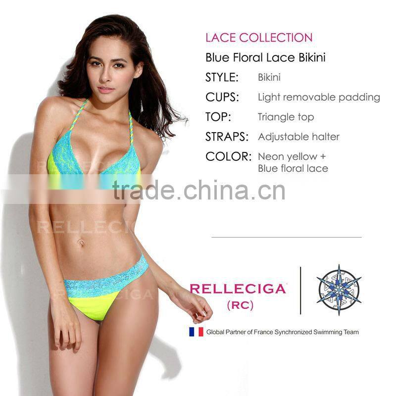 2016 RELLECIGA New Neon Yellow + Blue Floral Lace Bikini Swimsuit with Triangle Top and Brazilian Cut Scrunch B