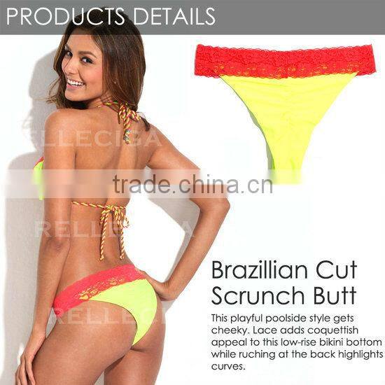 RELLECIGA Triangle Bikini Swimwear - Neon Yellow + Red Lace Top with Scrunch Butt Hot Sale Sexy Brazilian Bikini Set