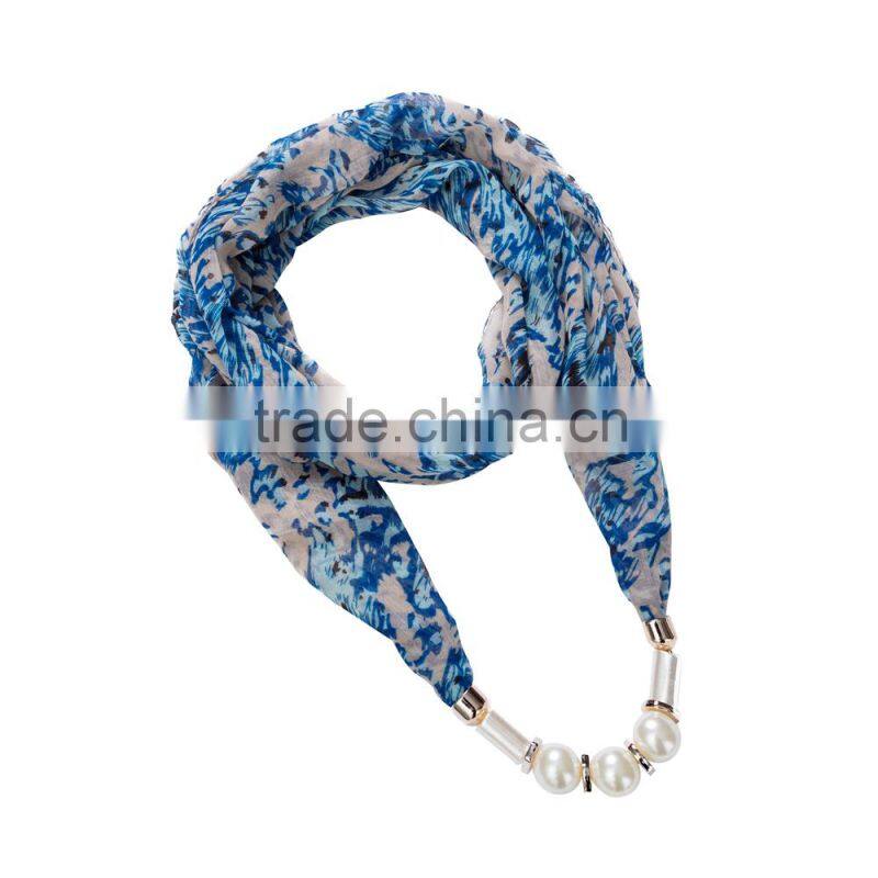 Gorgeous print Scarf necklace decorated with pearl beads necklace chain