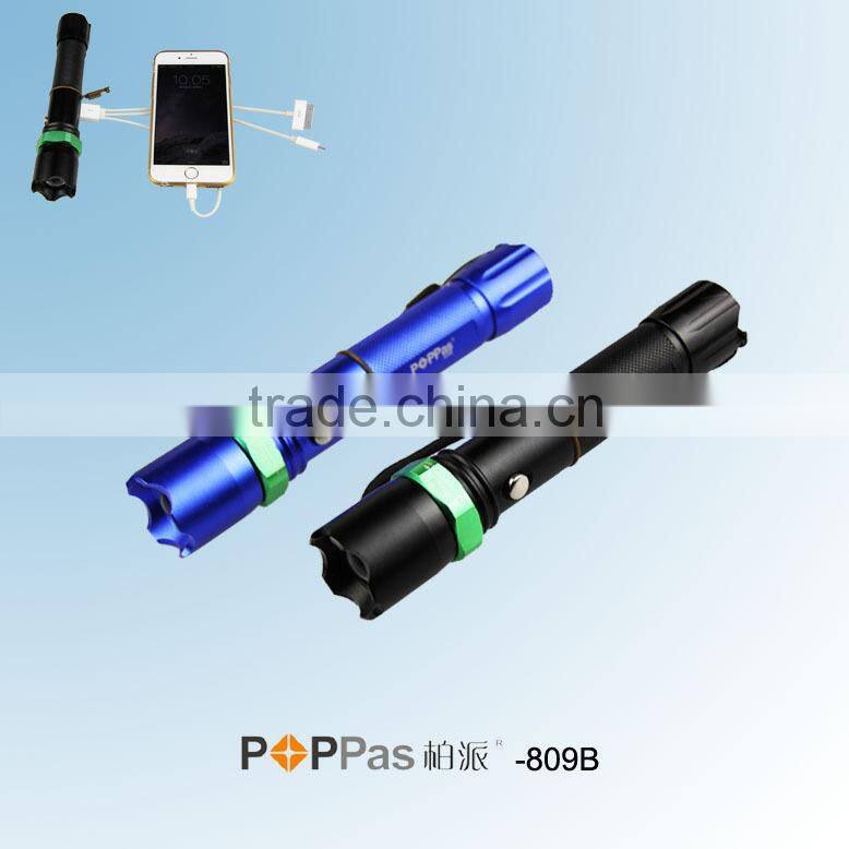 POPPAS 809B 3W Brightest XPE R2 Zoomable USB Power Bank Torch Light Police Flashlight