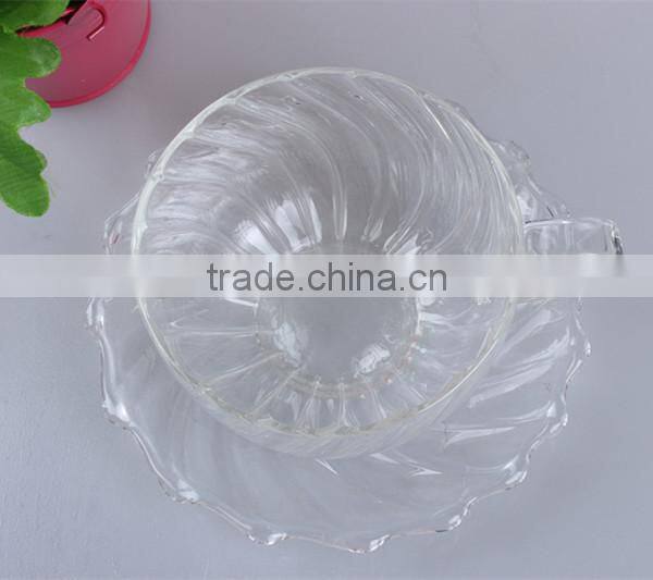 wholesale high borosilicate glass drinking cup with saucer and handle in stripe glass for tea or coffee