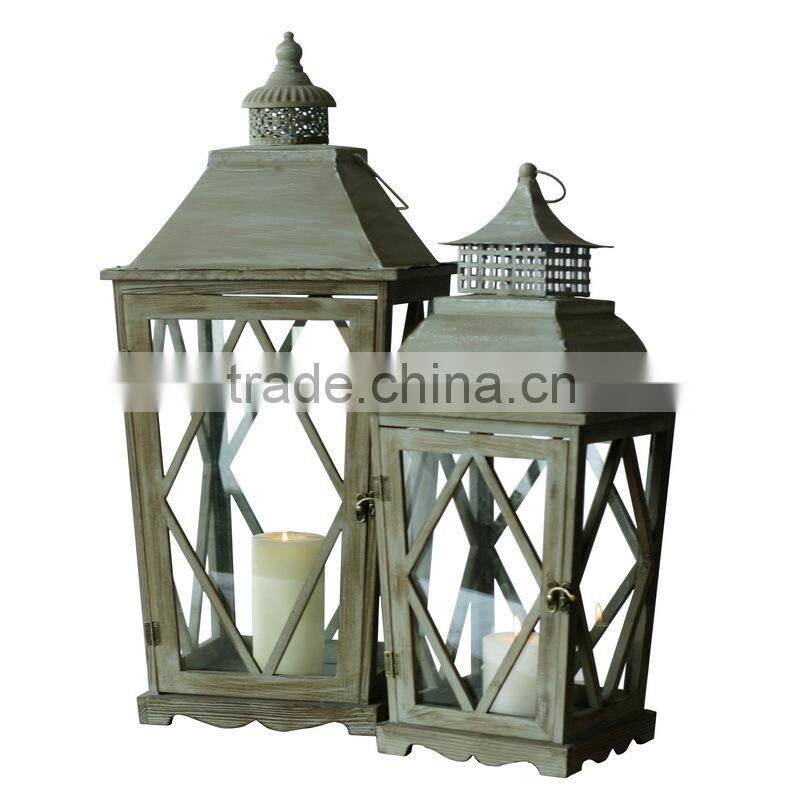 Wooden/Iron lanterns with wax candle set 2 packing