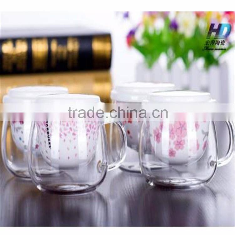 Creative product heat resistant borosilicate glass tea cup with ceramic filters and lid for promotion