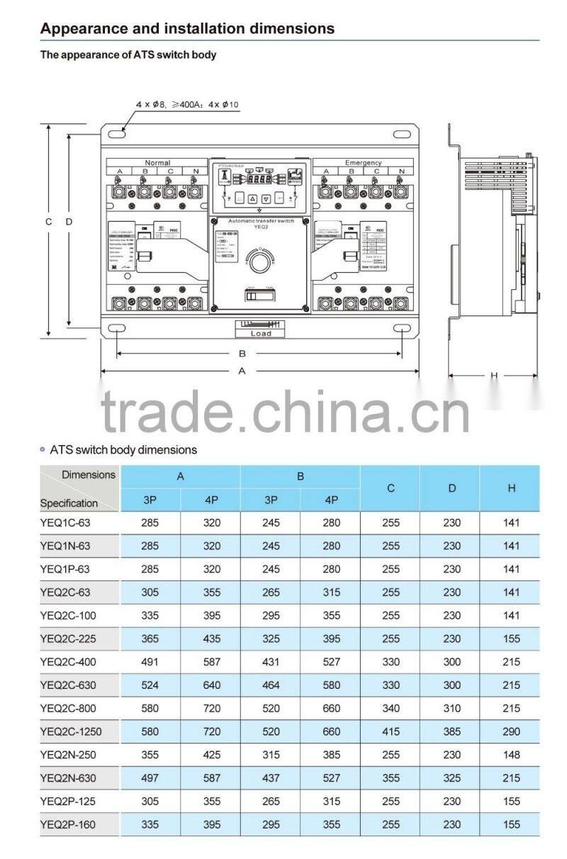 yeq1 63M ats Double Power Automatic Transfer Switch(ATS) 3p/4p