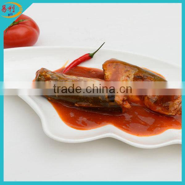 Geisha canned mackerel in hot tomato sauce from fish factory