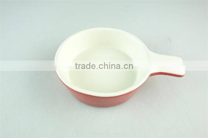 hot selling glazed red ceramic bake plate with one handle, durable ceramic bakeware