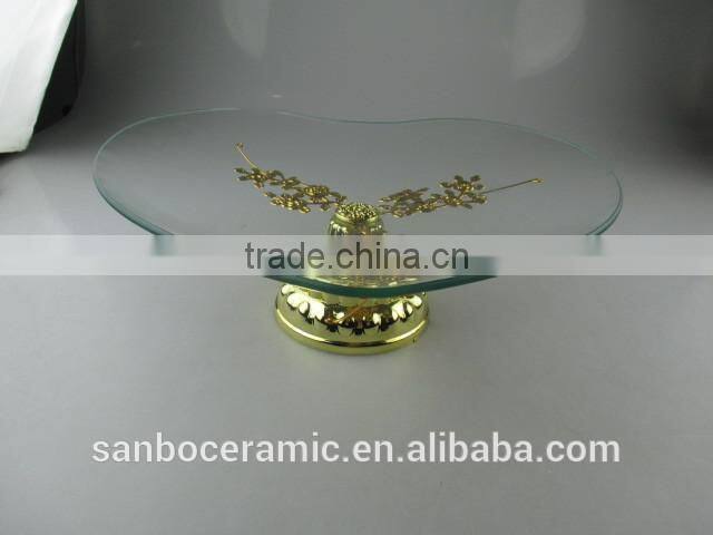 New Style love Shape Wedding Glass cake stand with Gloden Flower