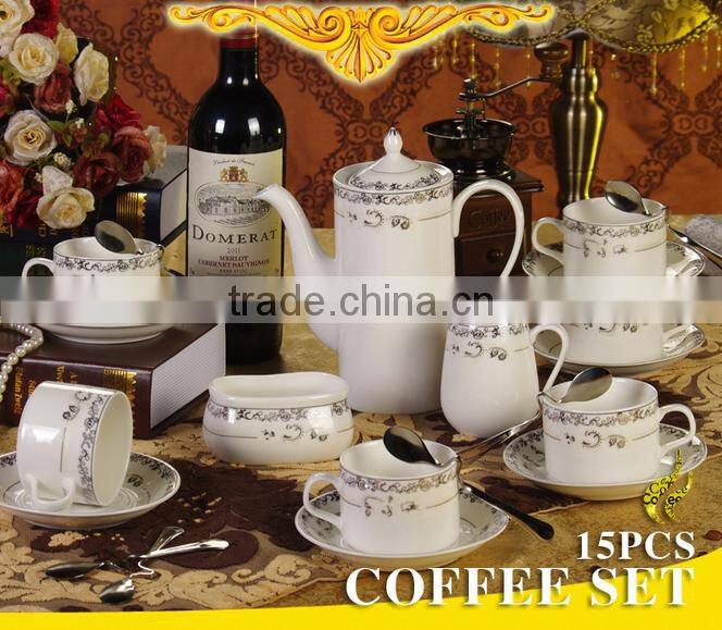 Fine china porcelain luxury 15pcs 17pcs coffee tea set arabic coffee cup table set with godeln decal