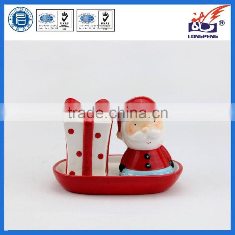 Vintage Holiday Christmas Santa Claus and Gift Bag Salt & Pepper Shakers With Tray